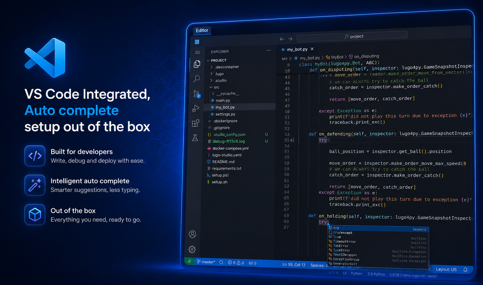 VS Code integrated in Lugo Studio with autocomplete and virtual environment ready out of the box